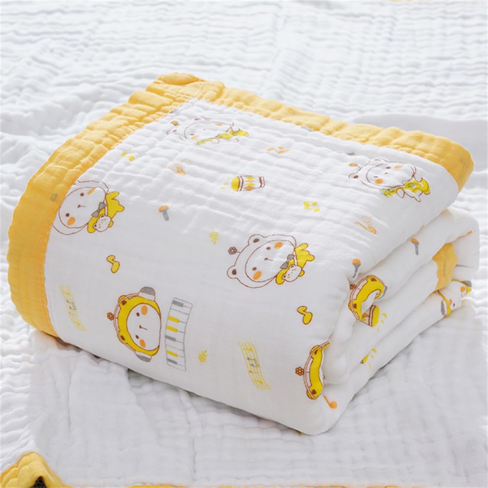 Chickwin Newborn Baby Cotton Muslins Swaddle Blanket Cartoon Print Thick Absorbent Soft 6 Layers Muslins Cloths Bath Towel Toddler Baby Shower Pram Cot Bed Sleeping Throw (Yellow Bear,110x110cm)