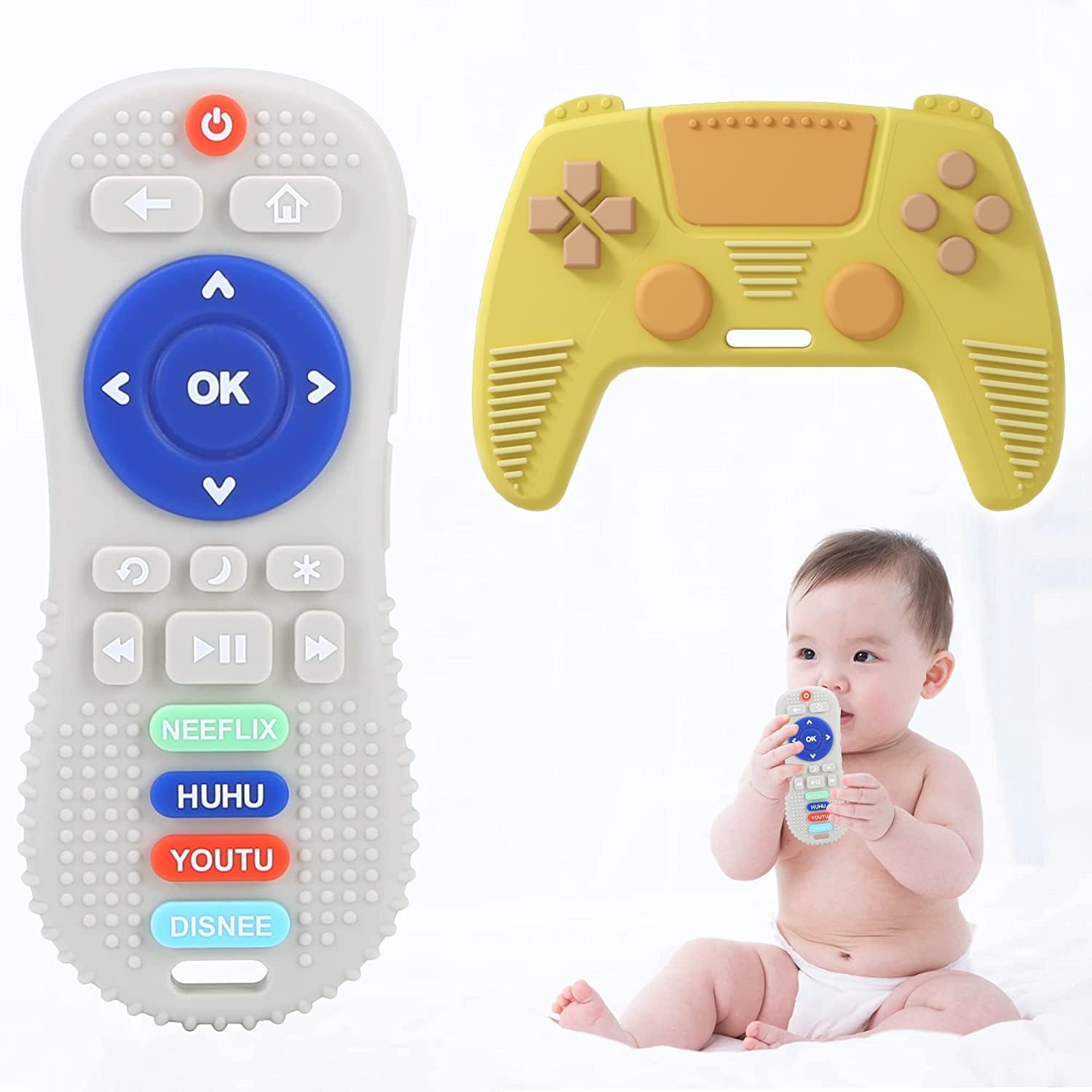 TAME 2PCS Silicone Baby Teething Toys, TV Remote Control and Robot Shape Chew Toys for Babies Early Educational Sensory Toy with Concave Design Compact Soft Chew Toys ForToddlers Boys Girl