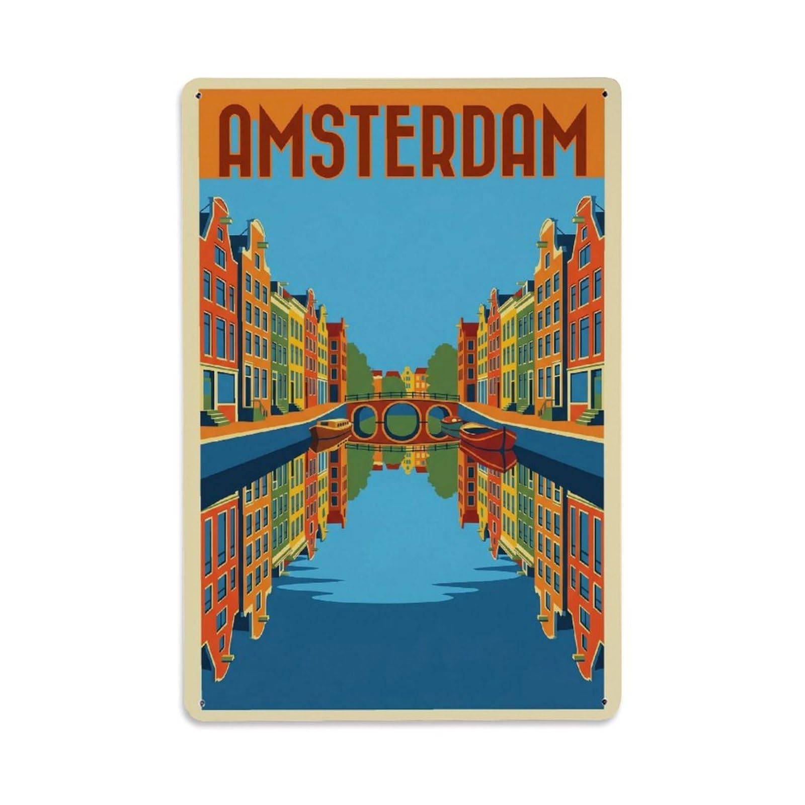 Okngb Style Reflection Vintage Waterway Amsterdam Travel Route Metal Tin Sign Plaque Wall Decor For Cafe, Man Cave, Club Bar, Office, Home Garden Round Metal Poster 8X12inch