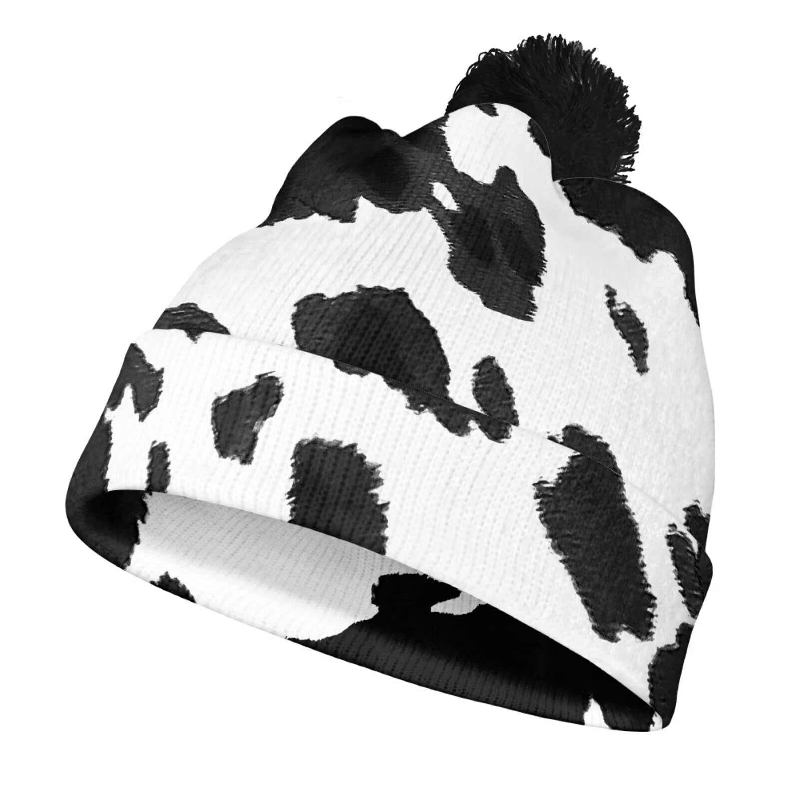 YEXIATODO Cow Print Toddler Winter Hat Kids Beanie with Pom Pom Warm Fleece Lined Hats for Boys Girls Comfortable Soft Warm Youth Toddler Knit Hat Comfortable and Stylish-Black