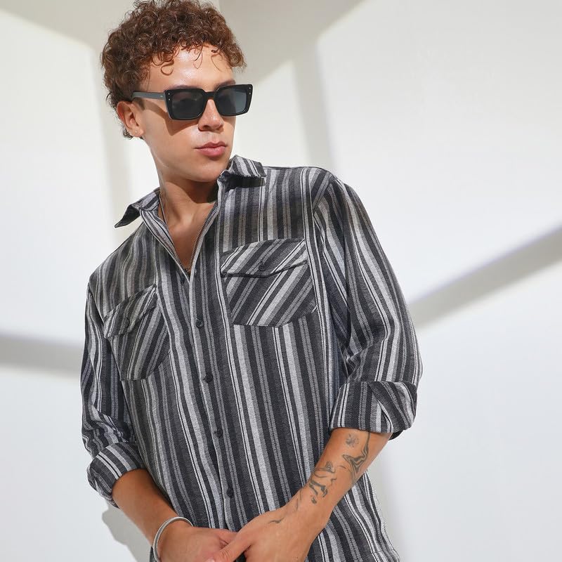 Image of CAHOOT Men's Multitrack Striped Oversized Shirt for Casual Wear | Spread Collar | Long Sleeve | Button Closure | Oversized Shirt Crafted with Comfort Fit for Everyday Wear