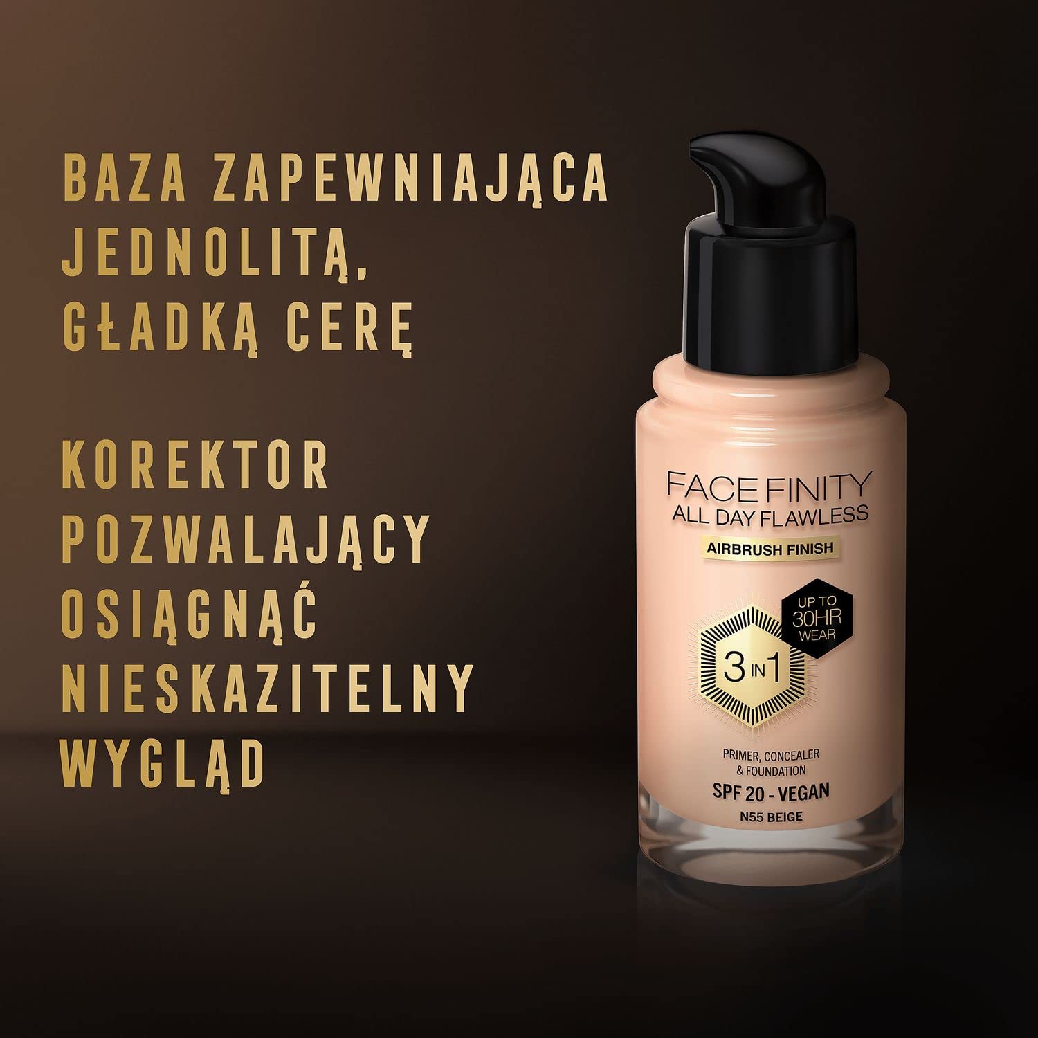 Max Factor Facefinity All Day Flawless Make-up 3w1 baza, korektor, podkład z filtrem SPF 20, nr N55 Beige, 30 ml