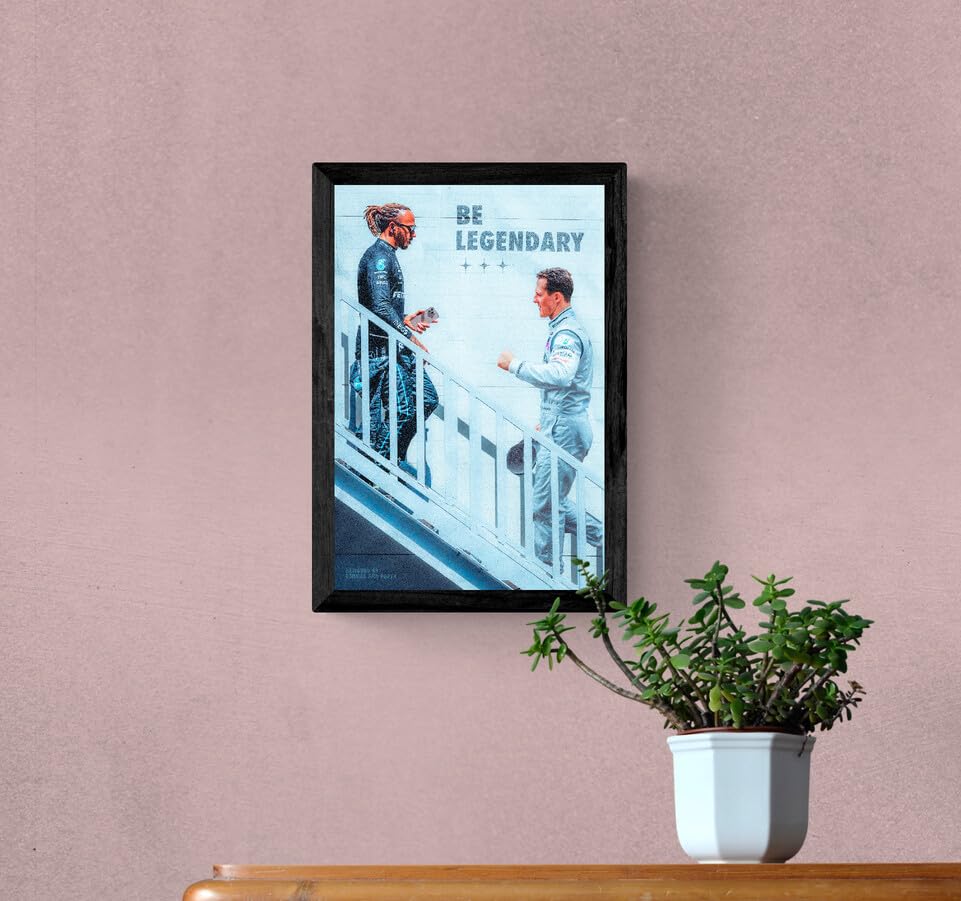 FRAMEO STORE Be Legendary Glass Frame, Lewis Hamilton Michael Schumacher Tribute wall art framed poster (A4 size - 8 X 12 Inches) 1