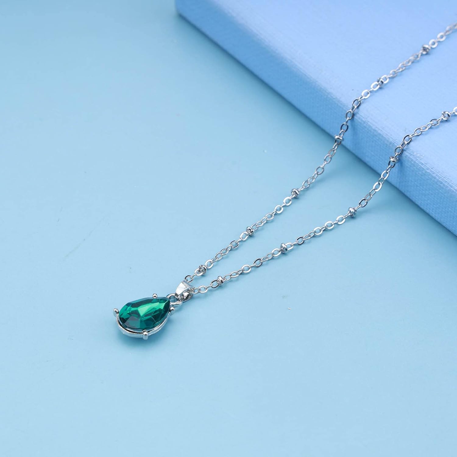 Vintage Blue Topaz Pendant Necklace Teardrop Crystal Gemstone Necklace Rhinestone Blue Stone Choker Necklace Silver Satellite Chain Birthstone Necklace Jewelry for Women and Girls - Image 4