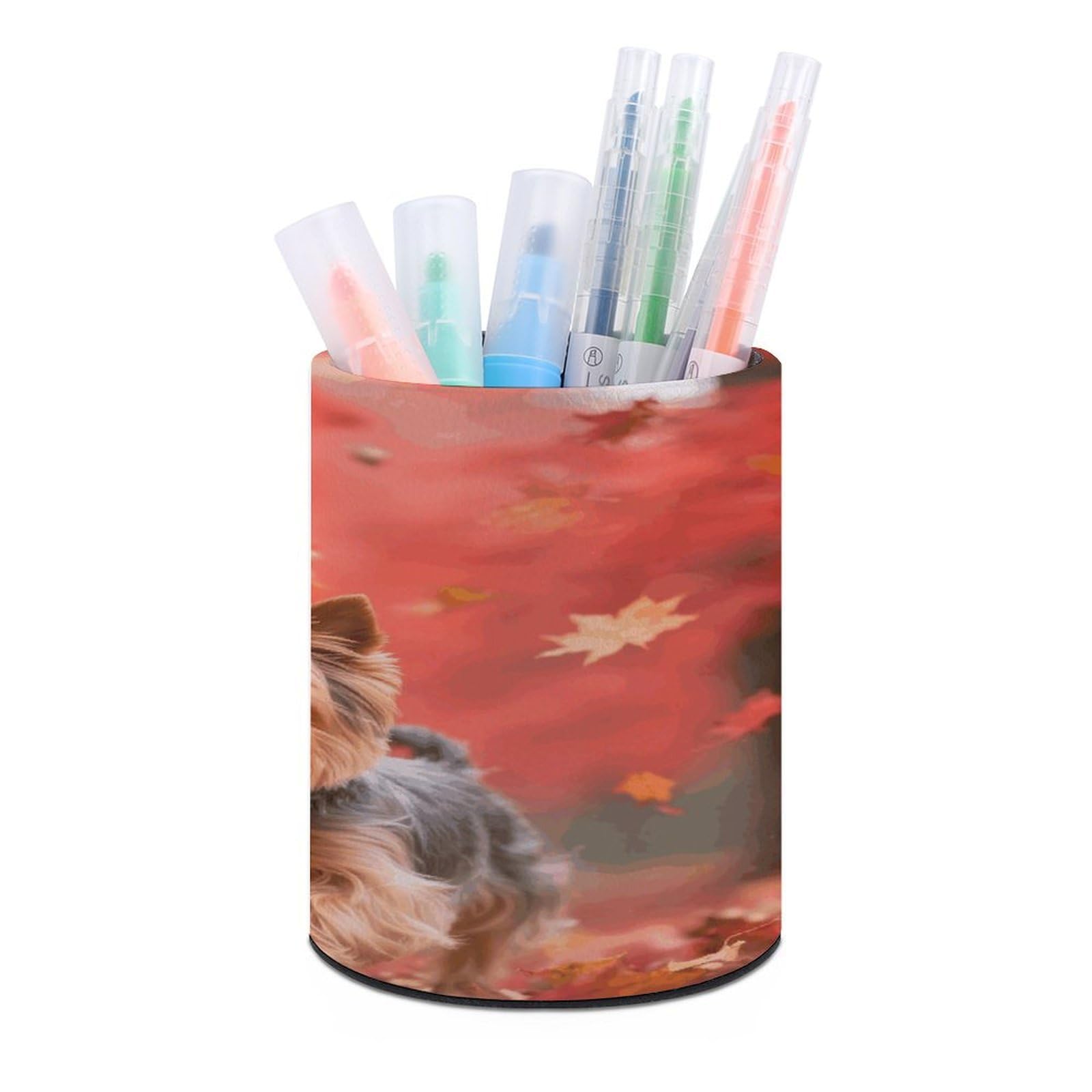VstaDank Yorkshire Terrier in Maple Forest Pen Holder Round Pencil Holder for Desk Organizer PU Leather Pencil Cup Makeup Brush Holders Modern Pen Cup Large Pen Organizer for Office Home Ideal Gift