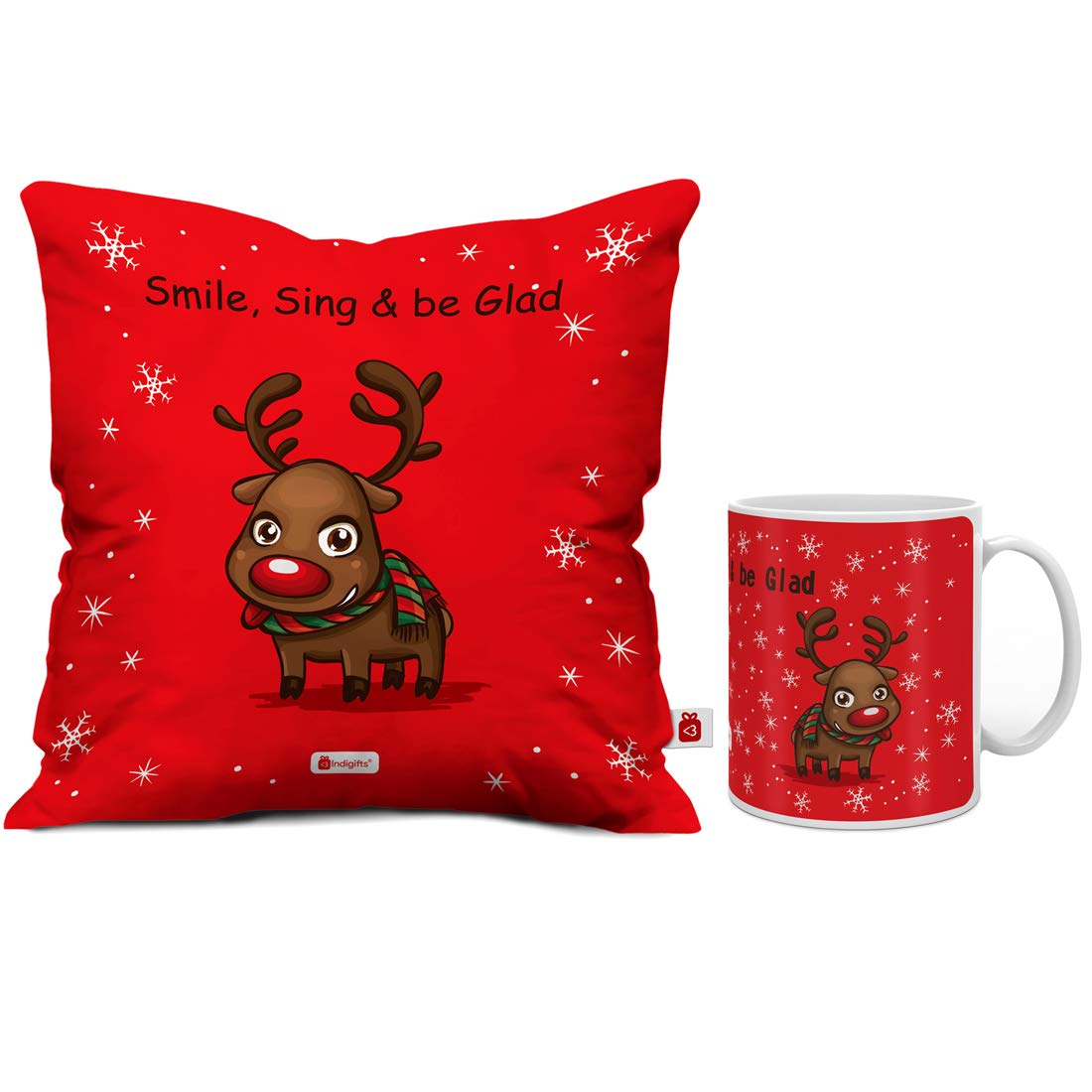 Indigifts Christmas Gifts Smile, Sing & Be Glad Printed Red Cushion Cover 12"x12" with Filler & Coffee Mug - Christmas Cushion, Christmas Decorations for House, Xmas Decorations