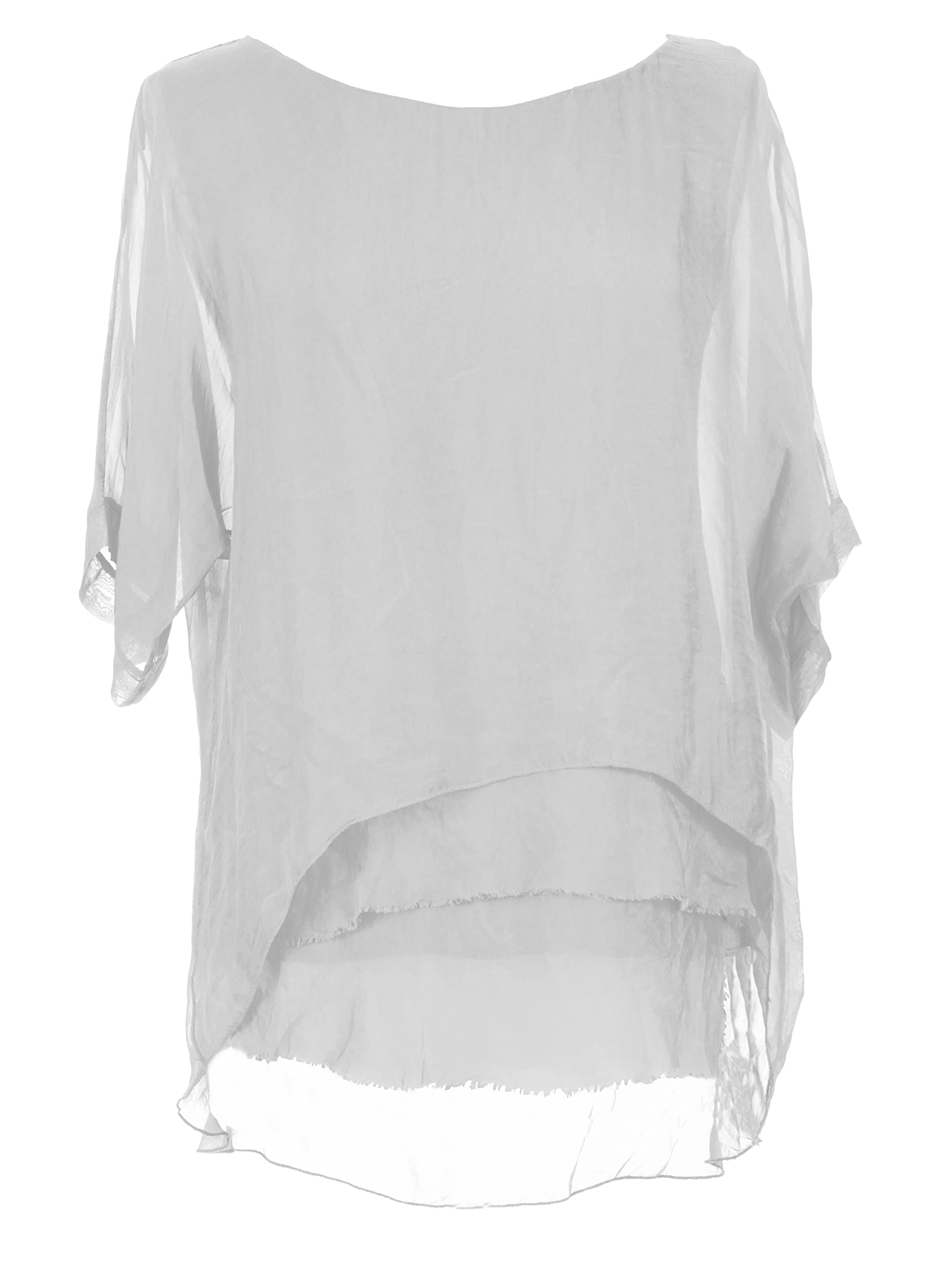 Texture Women's Light Grey Italian Lagenlook Short Sleeve Frill Frayed Hem Silk Tunic Top Blouse One Size (As8, Alpha, One_size, Regular, Regular, )