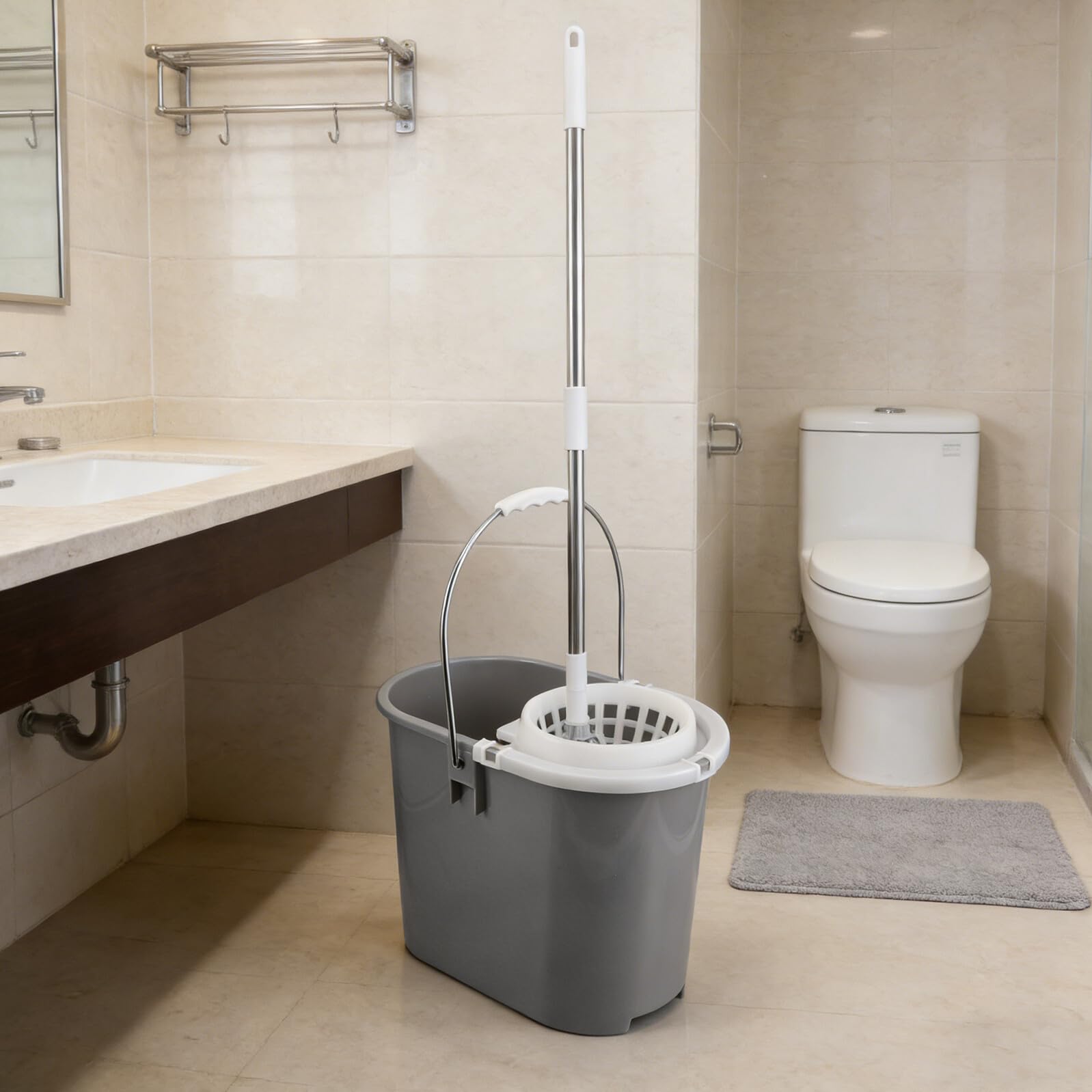 VALICLUD Cubo de Limpieza Comercial de Plástico Gris con Asa y Cesta Lateral, Accesorio Compatible para Trapeador Redondo, Cubo Pequeño para Fregar en Hoteles y Limpieza Industrial