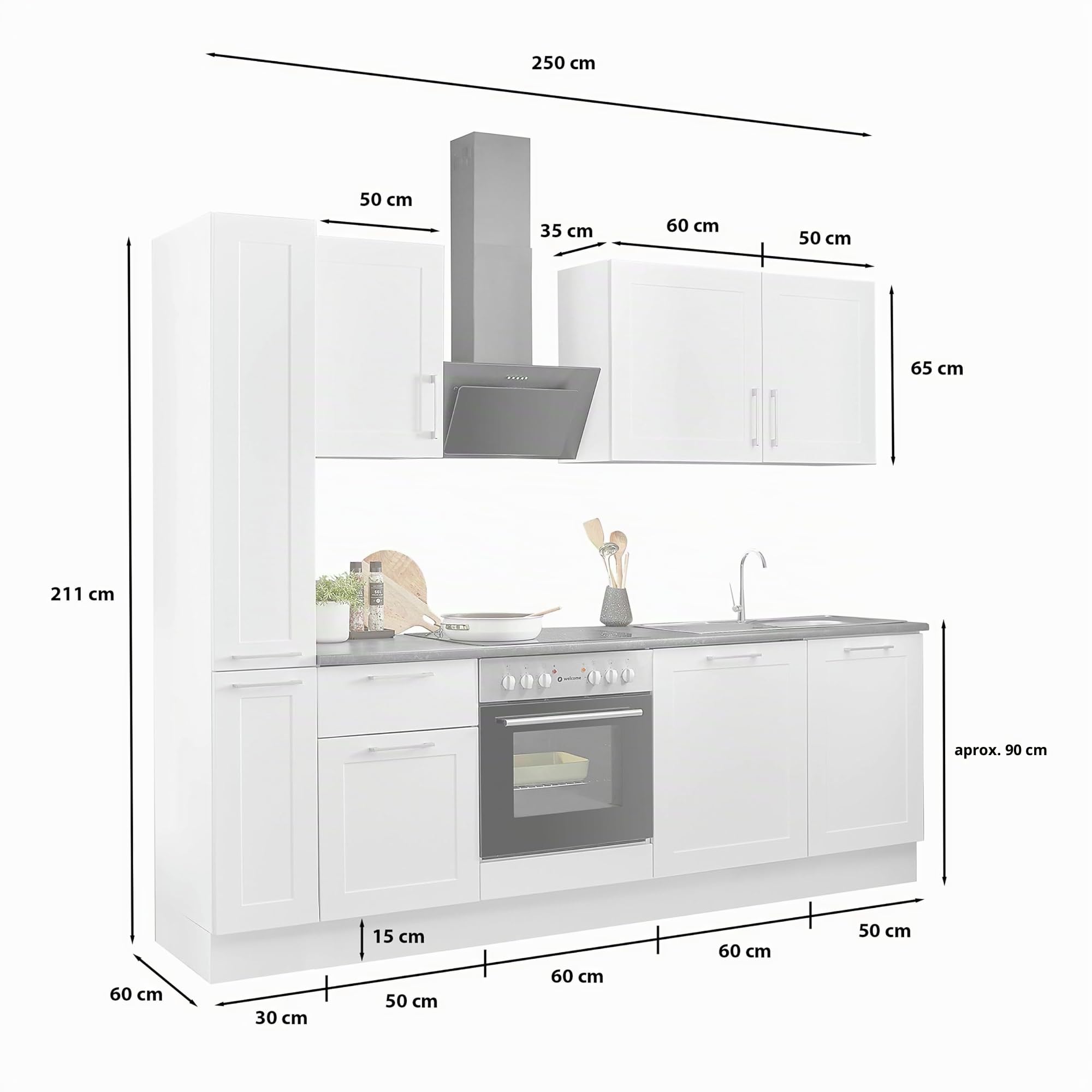Stella Trading Marsella Moderna Cocina sin electrodomésticos en Blanco, marrón metálico - Amplia Cocina Equipada con Mucho Espacio de Almacenamiento - 250 x 211 x 60 cm (B/H/T)