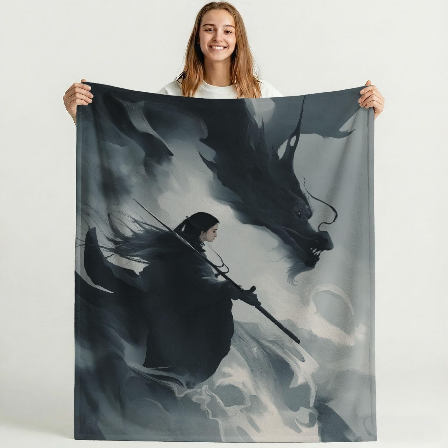 Generisch Koc polarowy, czarno-szary, fantazyjny komiks, smok dla kobiet, 150 x 200 cm, koc na kanapę, puszysty koc z mikrofibry, narzuta na sofę, narzuta na łóżko