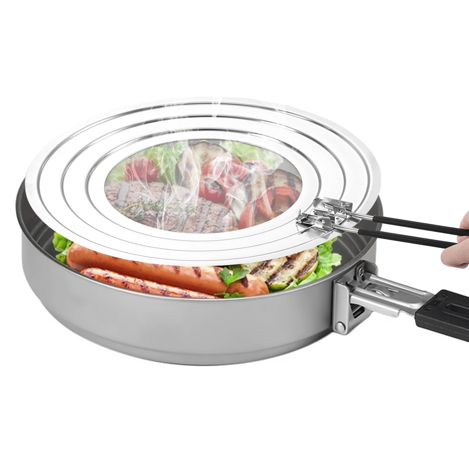 Zocipro Tapa Sarten Antisalpicaduras, Protector Salpicaduras Cocina de Acero Inoxidable con Mango de Silicona Plegable, Protector Universal de Salpicaduras para Sartenes de 20, 24 y 28cm