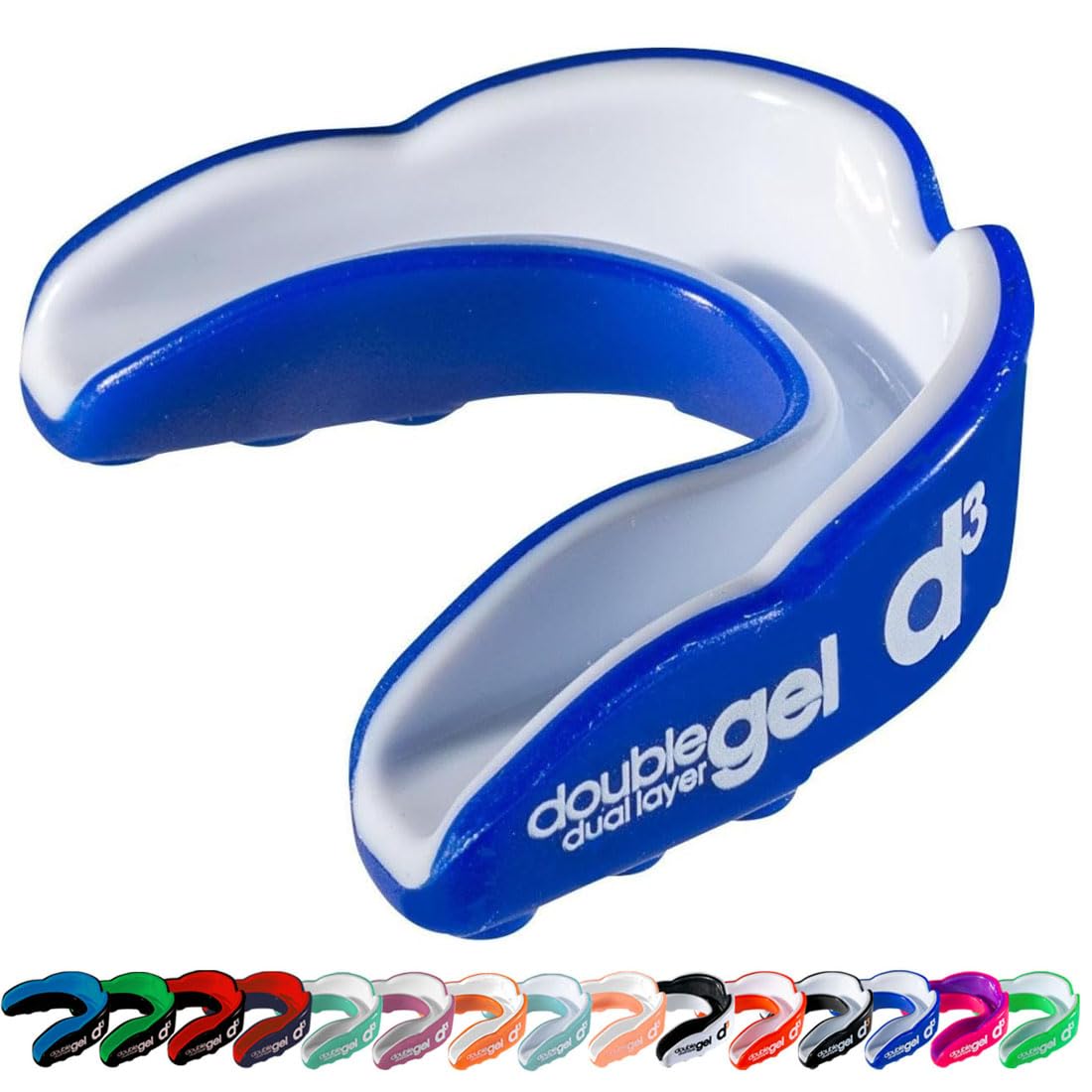 d3 Double Gel Mouthguard wth Case, Adults and Junior Gum Shield for Boxing, MMA, Contact Sports, Rugby, Martial Arts, Judo, Karate, Hockey (Royal Blue/White, Youth (Under 12))