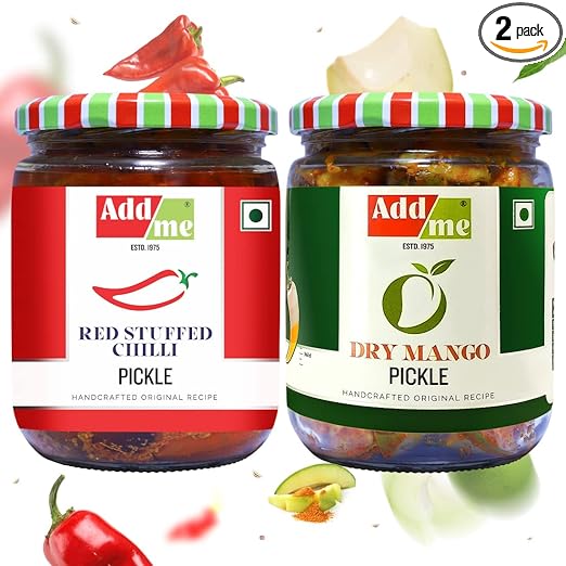 Add me Home made Dry Mango Pickles 500 g, Sukha aam ka achar + Red Stuffed Chilli Pickle 500gm, lal mirch ka achaar mixed North Indian combo offer Glass Pack