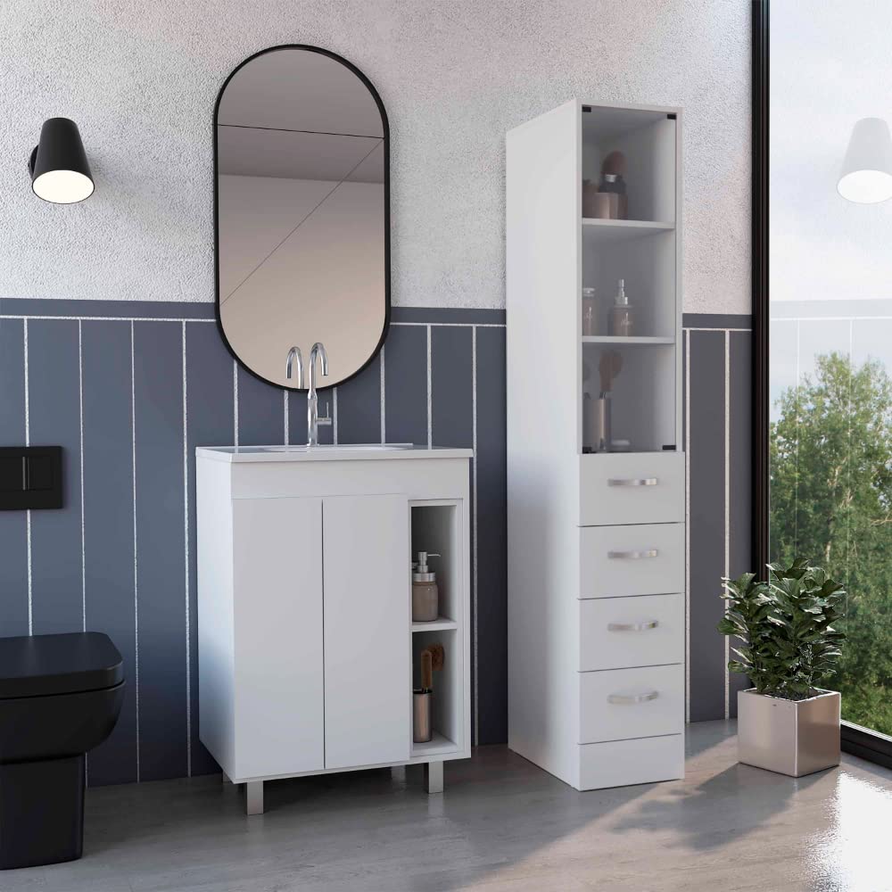 aphrophina Stylish 2 Piece Bathroom Set with Free Standing Vanity and Linen Cabinet, Easy Assembly, White Finish