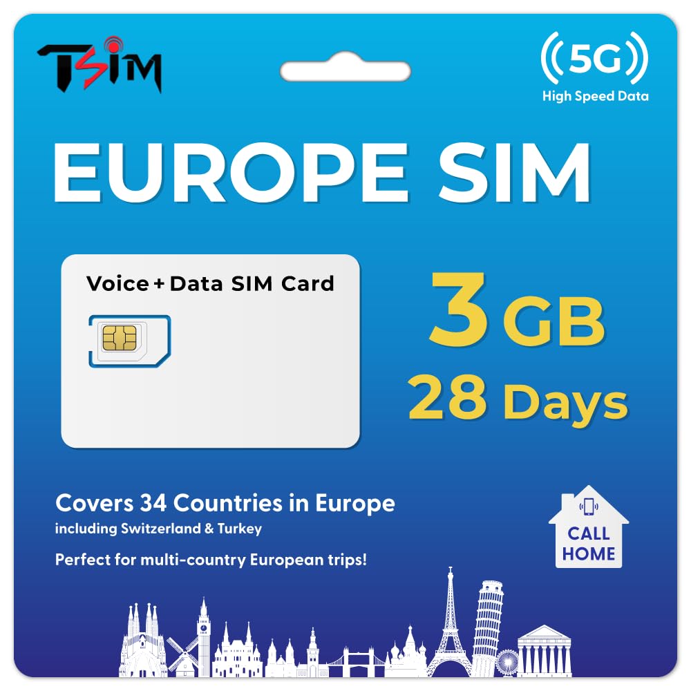 TSIM Europe Sim Card with 3GB Data 28 Days | Unlimited Local Calls | 15 Minutes Direct Dial to India | 5G Network