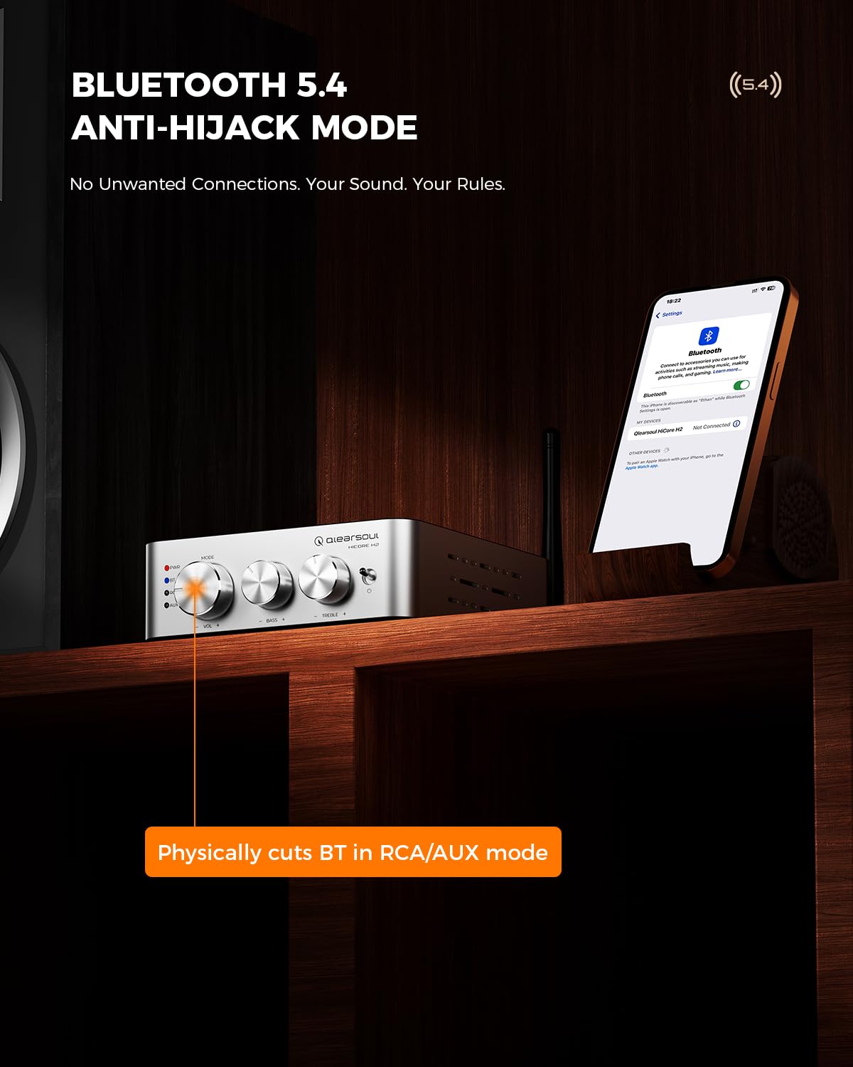 Qlearsoul HiCore H2 Bluetooth 5.4 Hi-Fi wzmacniacz stereo — TI TPA3255 klasa D, 100 W x2 (@ 4Ω) wyjście znamionowe, tryb Anti-Hijack BT, RCA/AUX/BT 3-wejściowy hub do głośników pasywnych, zawiera