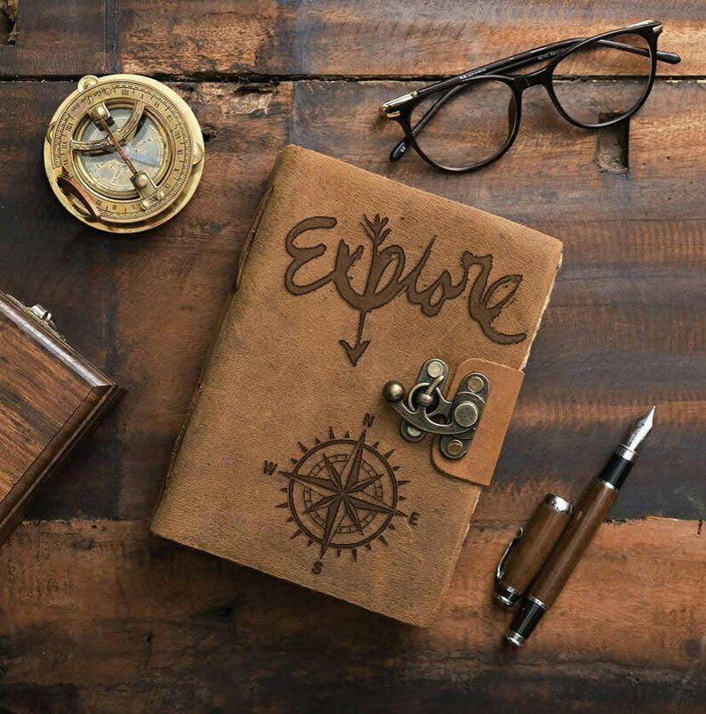 Image of DI-KRAFT Handcrafted A5 120 GSM Vintage Paper Printed Diary Leather Writing Diary With Buckle Lock Notebook Unruled Personal Diaries Leather Journal for Office - 5x7 Inch 200 Pages (Brown Quote2)