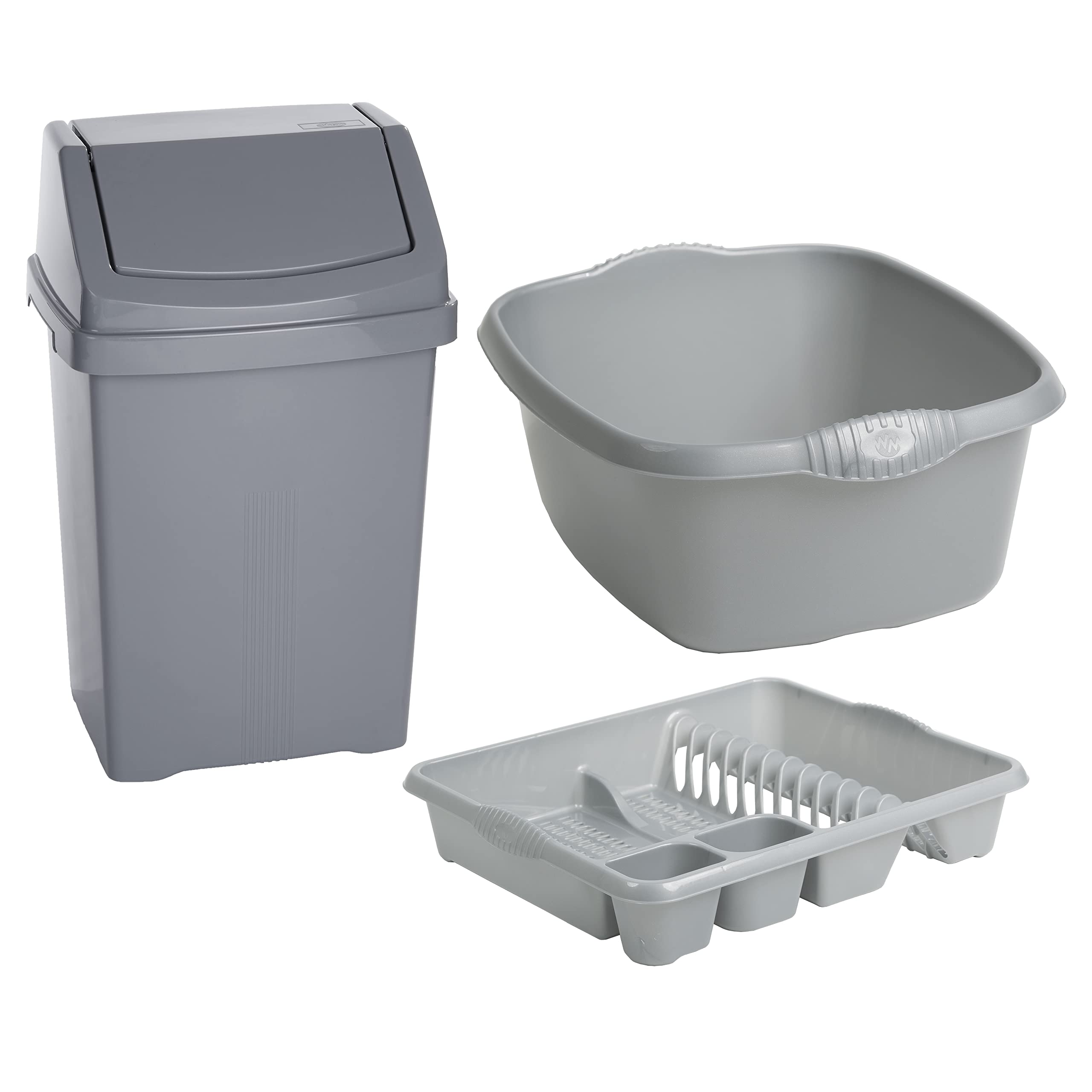Set Of 3 - High Grade Plastic 50L Swing Top Lid Bin + 39cm Rectangular Washing Up Bowl + Large Dish Drainer Tray For Home Garden Kitchen (Silver)