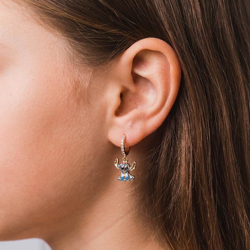 Set Orecchini a Cerchio Disney Lilo e Stitch - Orecchini Pendenti in Ottone con Fiori di Ibisco Smaltati e Cuciture - Licenza ufficiale