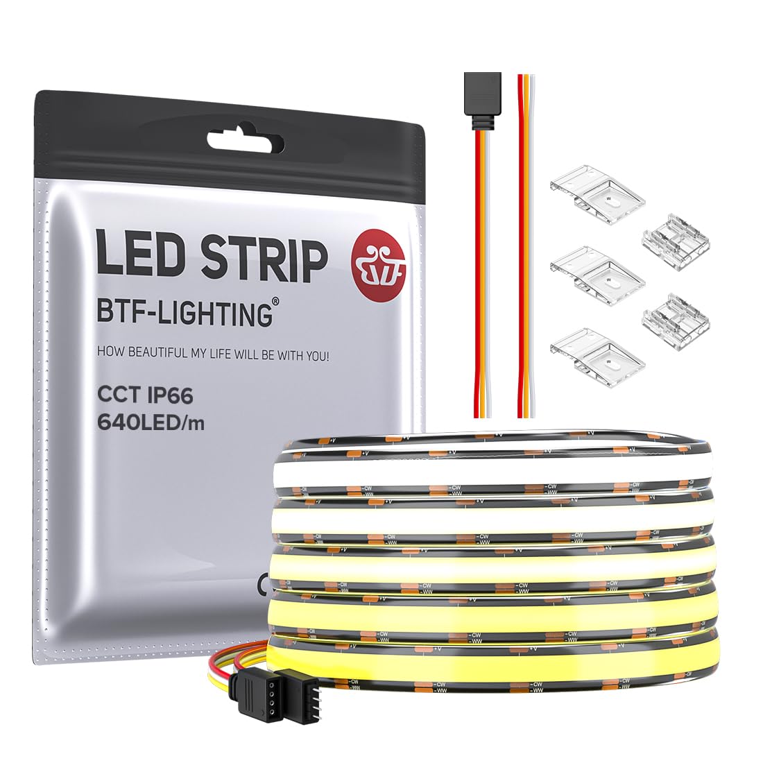 BTF-LIGHTING FCOB CCT Możliwość strojenia 3000K-6000K Taśma LED 5M 640LEDs/m 14W/M DC12V czarna elastyczna płytka PCB o wysokiej gęstości IP66 wodoodporna do sypialni kuchni dekoracja domu (tylko