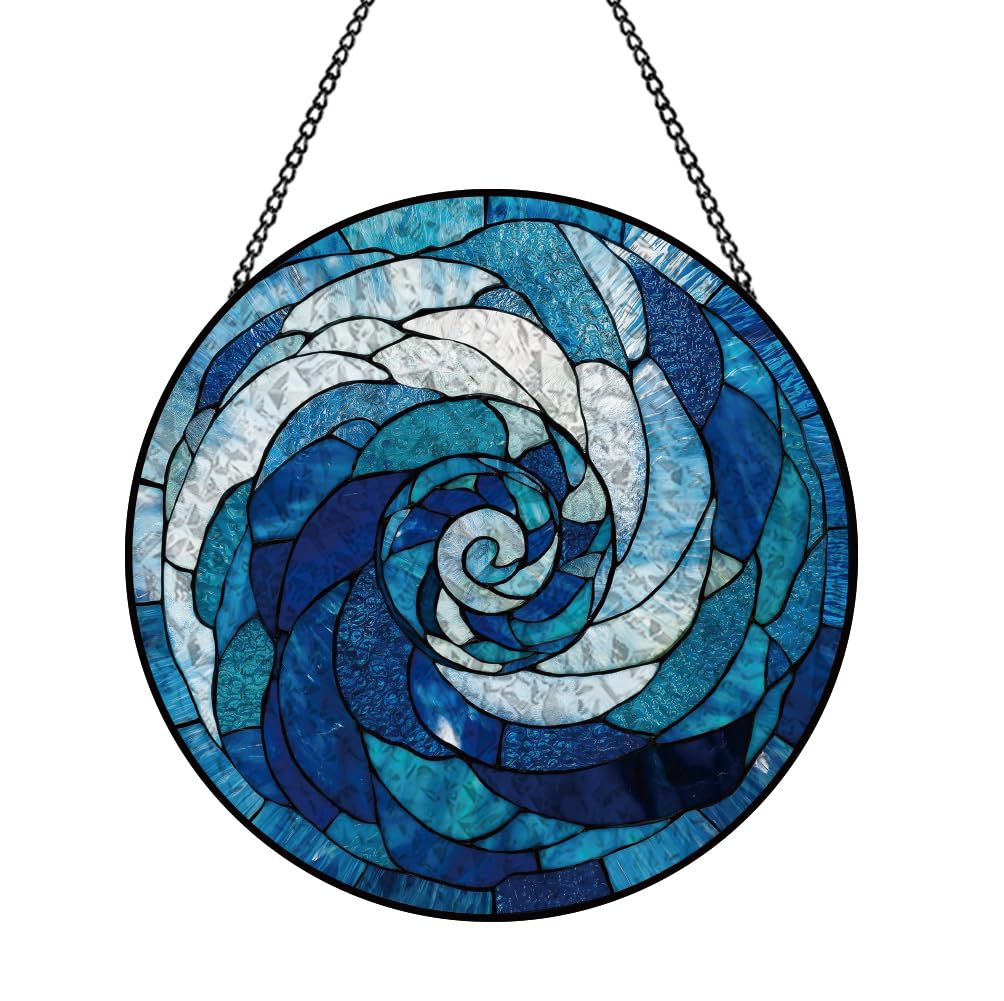 PLIGREAT Glass Window Hanging, Painted Blue Swirl Stained Suncatcher 20 cm Glass Panel Sun Catchers for Garden Home Outdoor Indoor Art Decor Window Wall Hanging Ornament Women Men Gift