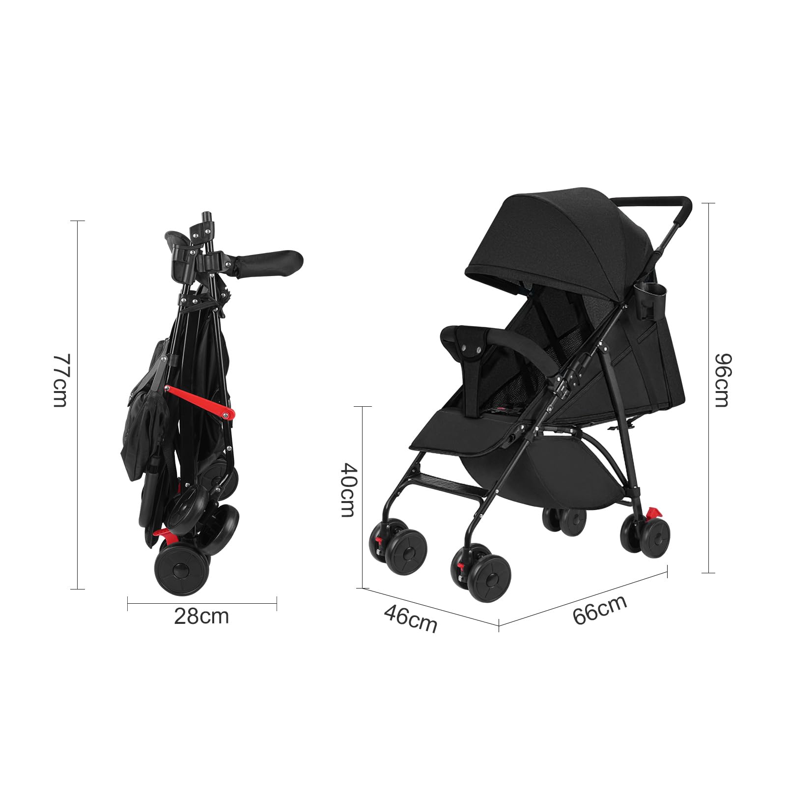 Poussette Canne de 0 à 3 ans et demi, Siège Bébé Léger et Portable, Siège Nouveau-Né avec Inclinaison Réglable, Harnais de Sécurité à 5 Points, Idéal pour la Maison et les Voyages, Noir
