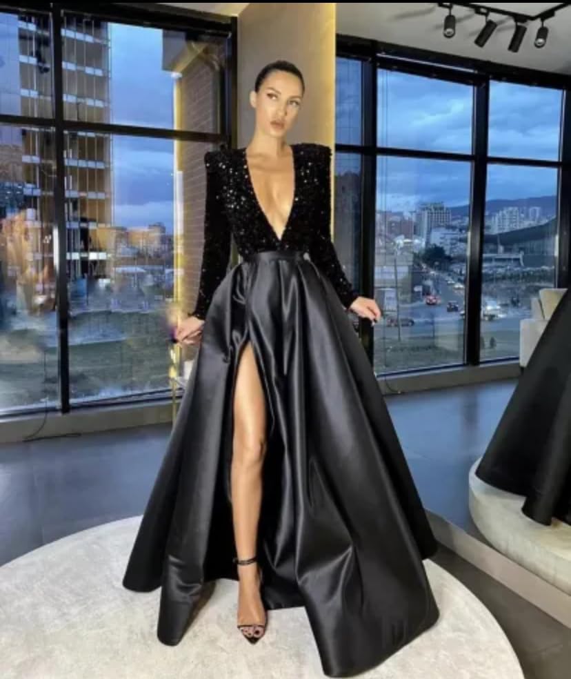 Black Long Sleeves Prom Dresses for Women Long Ball Gown Sparkly Sequin Satin Formal Evening Gowns - Image 9