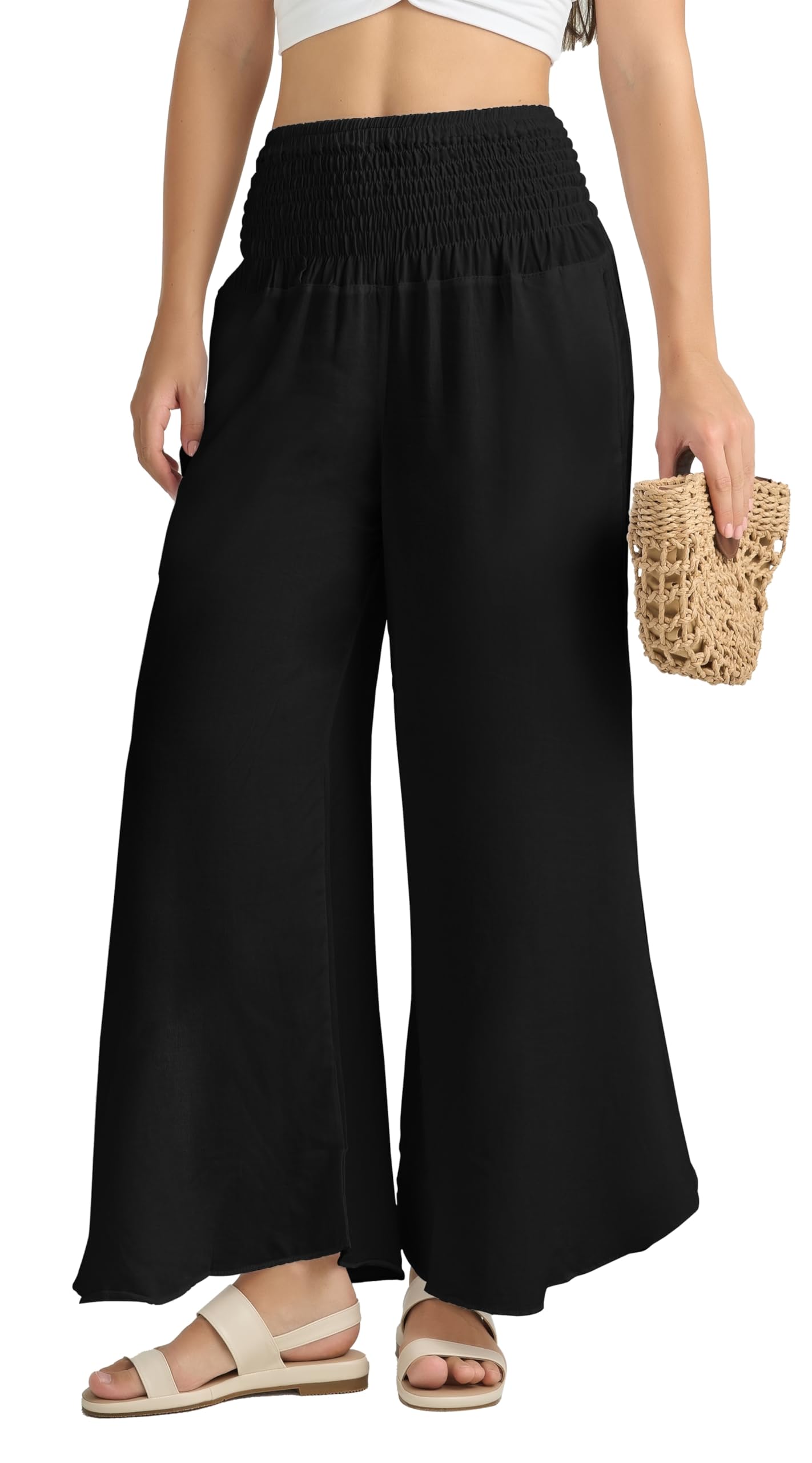 Joob Joob Palazzo Pants for Women - Boho Flare Leg Wide Summer Pant Women - Harem Waist Flowy