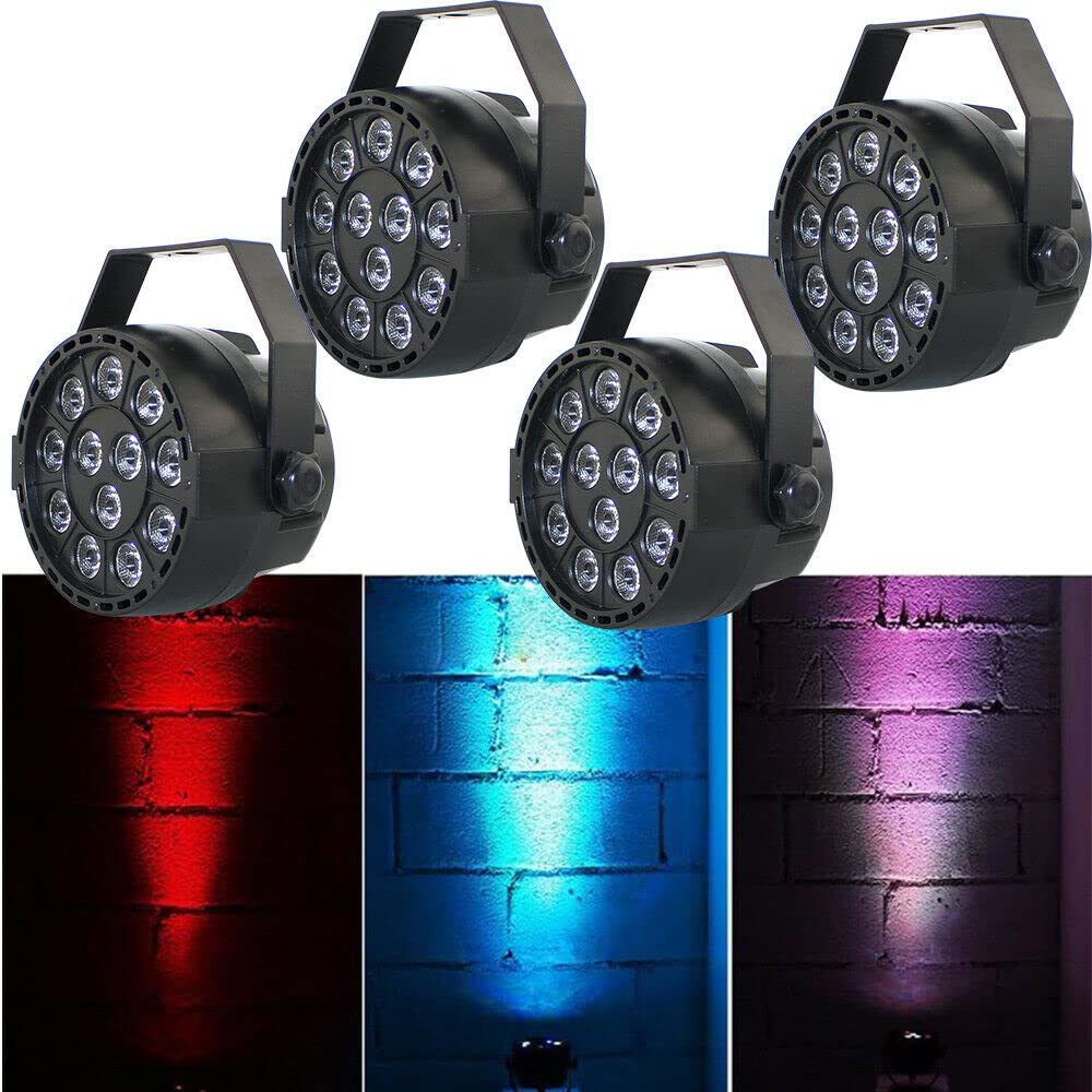 4 Stück Bühnenlicht Set, 12 Led Par Scheinwerfer Bühnenlicht, Licht Scheinwerfer Disco Licht mit 0-100% Dimmer Musiksteuerung Strobe-Effekt, für Show Party Dj