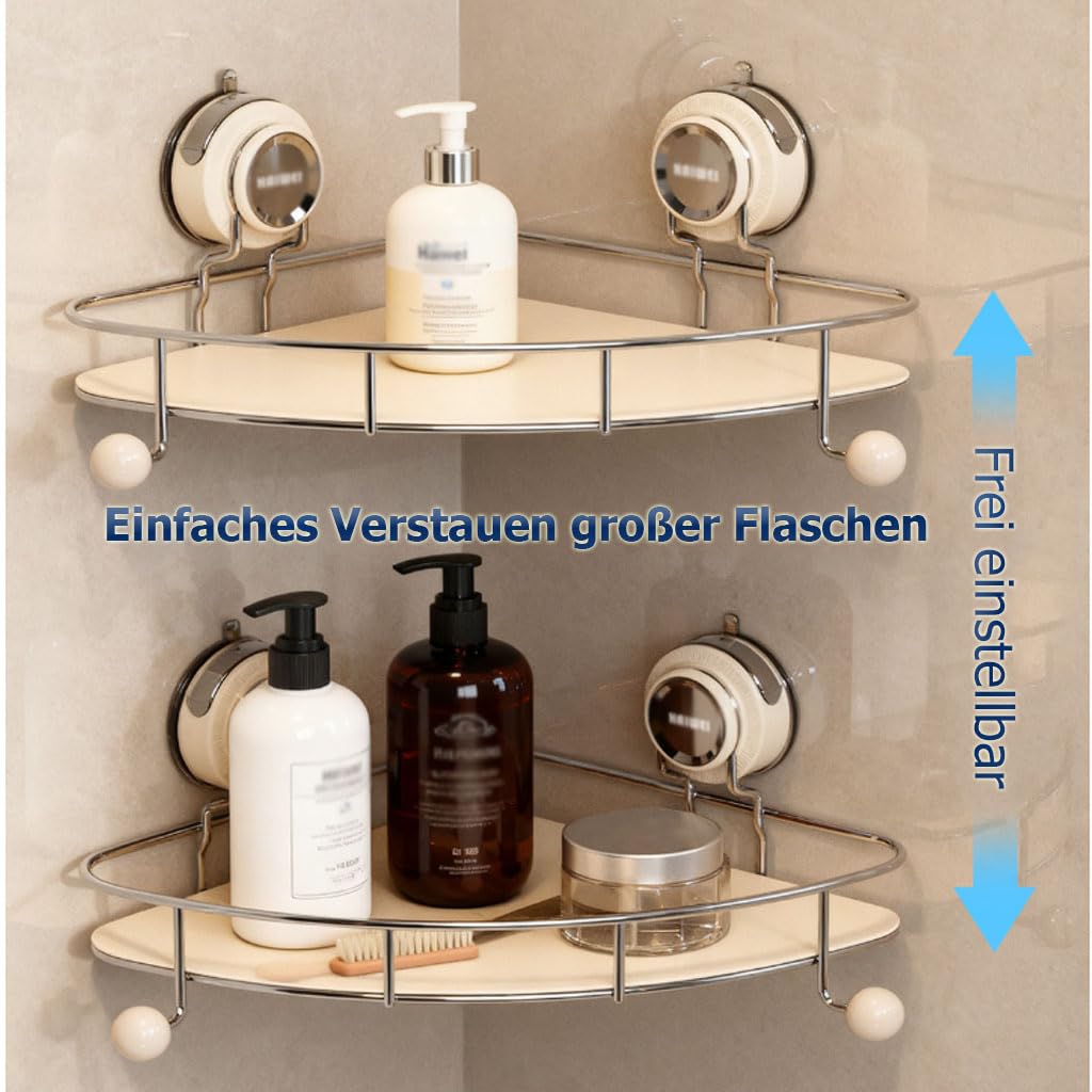 Duschablage Ohne Bohren mit Saugnapf, Eckregal Badezimmer Organizer mit Haken, Wandregal für 90° Ecken, Ablage Bad Shampoo Halterung für Dusche,2etage