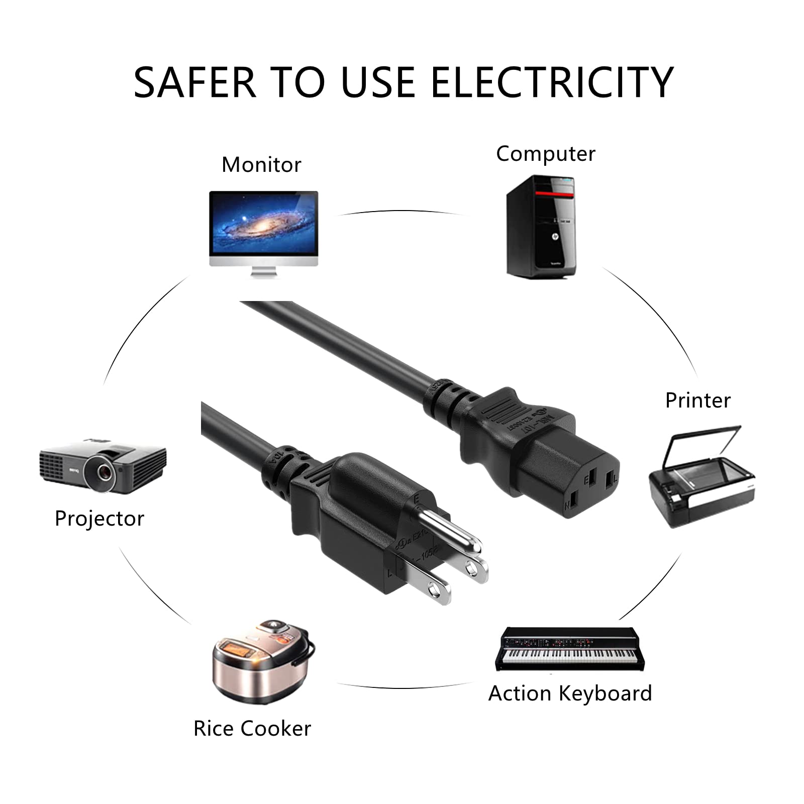 Laptop-Netzkabel, 3 m, NEMA 5-15P auf C13, 10 A 125 V, 18 AWG, schwarzes Ersatznetzkabel, Drucker-Stromkabel, Stromkabel