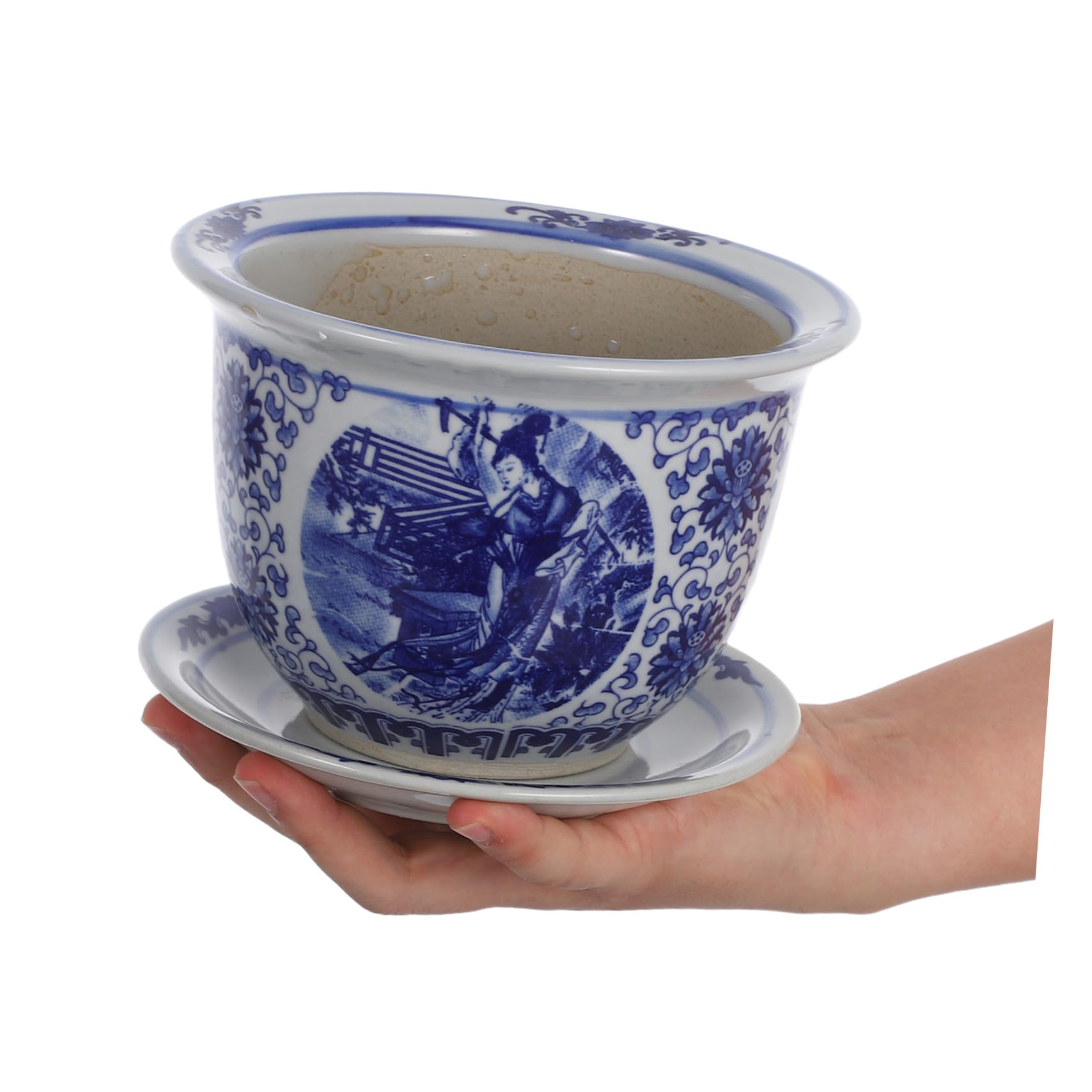 Toddmomy Ceramiczna Doniczka z Tacą Stylu Chińskim Niebiesko Biały Kwiatowy Wzór Donica Do Roślin Doniczkowych i Sukulentów Mała Doniczka z Odpływem Do Wnętrz i Zewnątrz