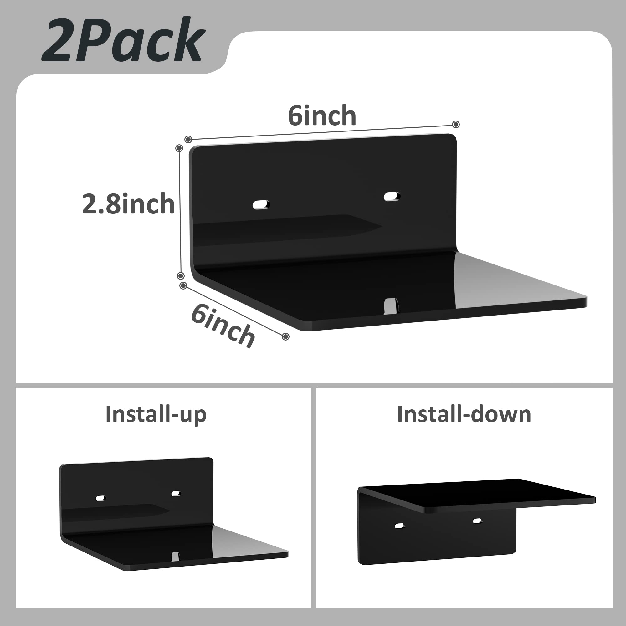 Sezanrpt 6 Inches Small Black Wall Shelves Set of 2, Wall Mounted Display Shelf Rack for Bedroom Living Room, Smart Speaker - Image 3