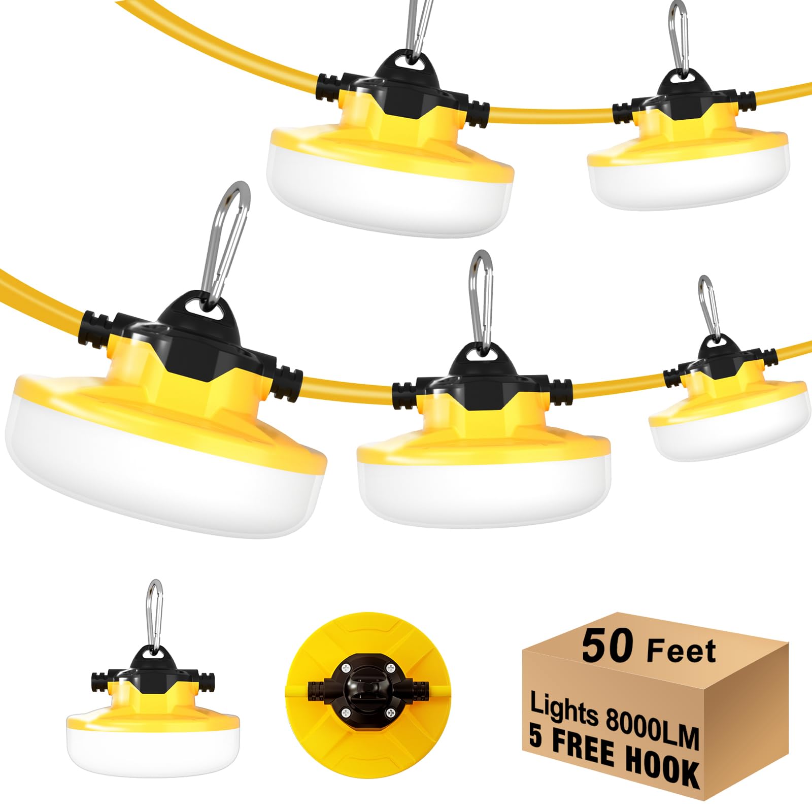 LED Construction String Light 50FT, 65W 8000Lm Industrial LED String Work Lights with 5 Bulbs, 5000K Linkable Work Lights Temporary Lighting for Construction Site, Job Site, Attic, Crawl Space