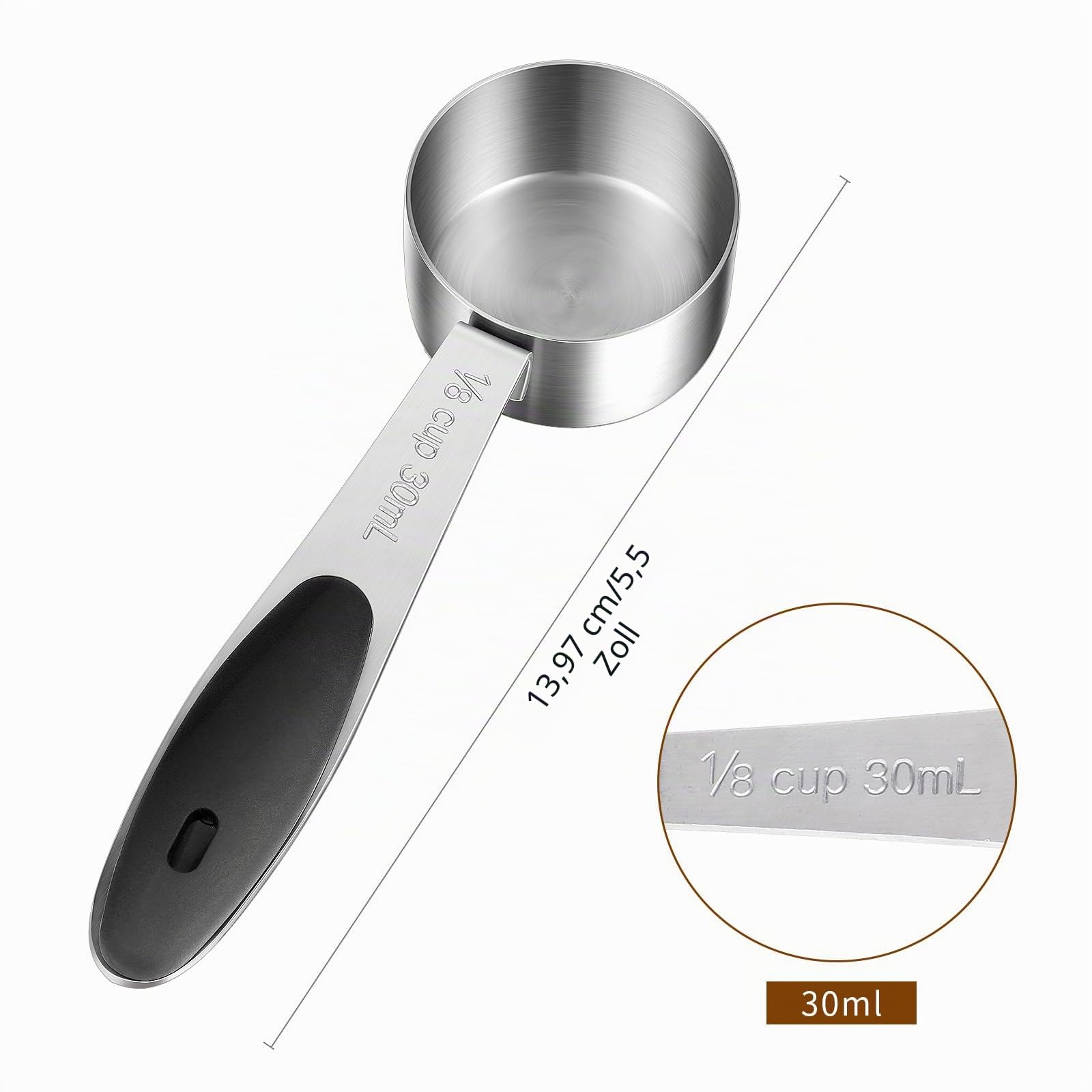 Oruola 2 Stück Kaffeelöffel Portionierer,Edelstahl Kaffeemesslöffel,1/8 Kaffeelöffel Tasse Messbecher,2 EL Kaffee Messlöffel,30 Ml Kaffeedosierlöffel mit Schwarzem Silikongriff