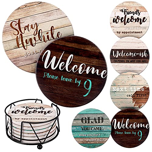 Funny Coasters For Coffee Table - 6 Sarcastic Absorbent Stone Cork Drink Coasters, Farmhouse Bar Coasters For Drinks With Holder, Cool Housewarming Gift, New Home - Cup Coster For Wooden Table #TOP7