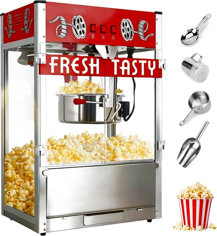 40 Oz Commercial Popcorn Machine, Large Popcorn Maker Machine, Movie Theater Countertop Pop Corn Machine with 3-Switch Control &amp; Tempered Glass Doors, Red