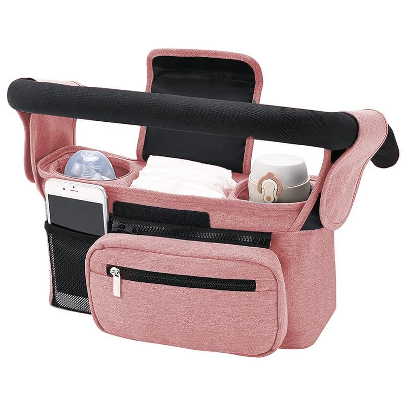 zeryor Baby Stroller Organizer, Universal Pram Bag with 2 Insulated Cup Holders, Detachable Phone Bag & Shoulder Strap, Water-Resistant Pushchair Organiser for Baby Essentials (Pink, 33x16x10cm)