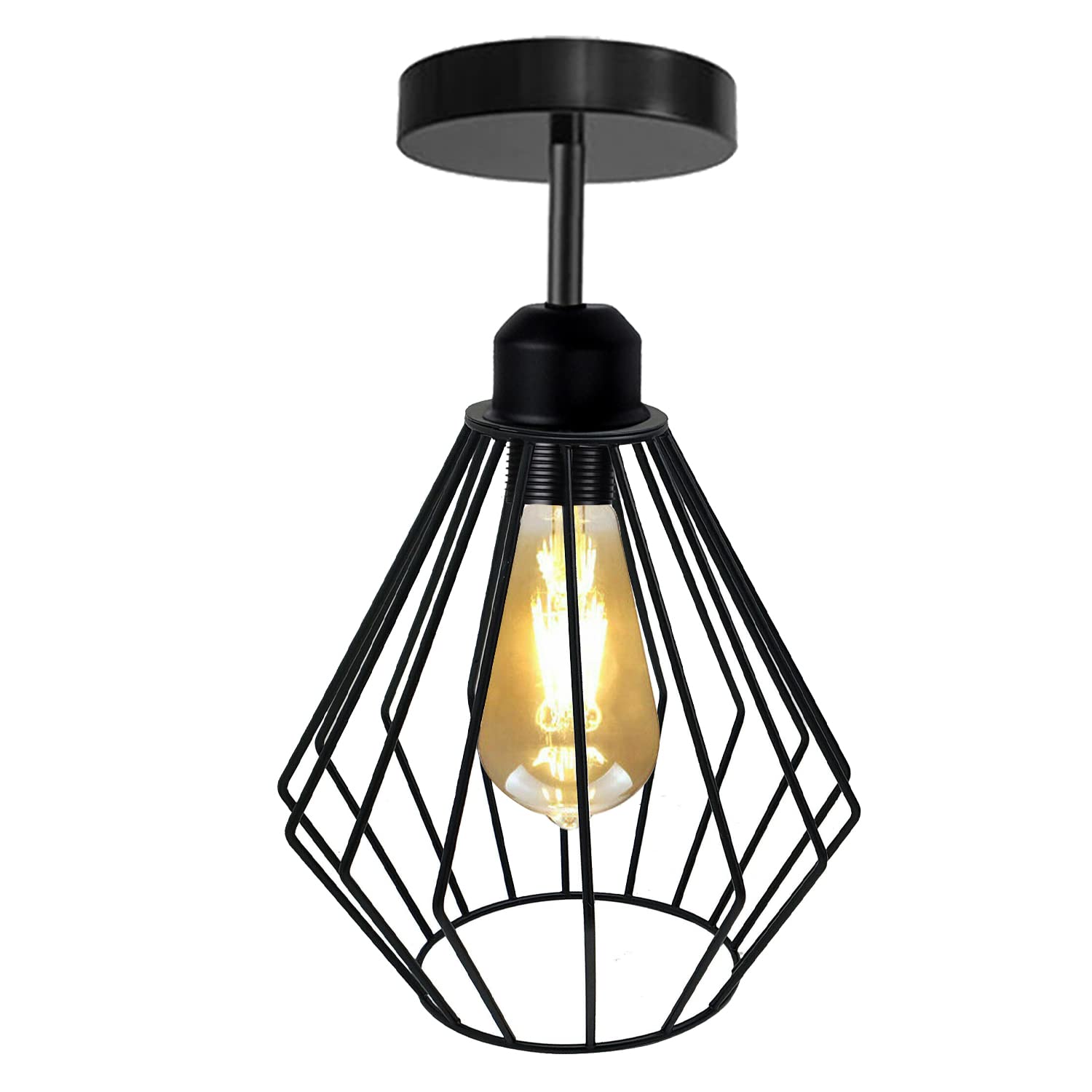LEDSone Modern Semi Flush Mount Ceiling Lampshade Black Metal Diamond Shaped Cage Light Shade with E27 Base Pendant Ceiling Lamp for Living Room Kitchen Bedroom Hallway Dining Room Office Stairway