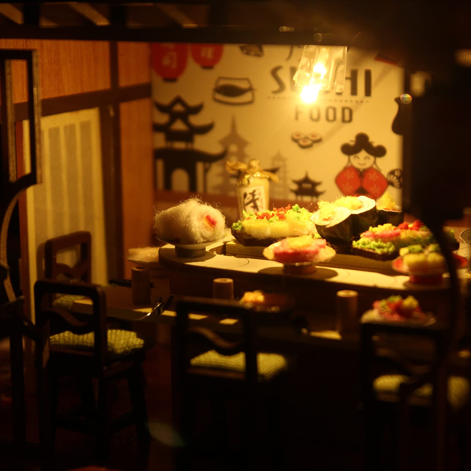 DIY Miniaturowy Zestaw Domowy, Drewniany DIY Sklep z Sushi Model Sklep z Jedzeniem i zabawą kreatywność Japońska Dioda LED montaż Rękodzieło Zabawka Miniaturowe Zestawy Domowe