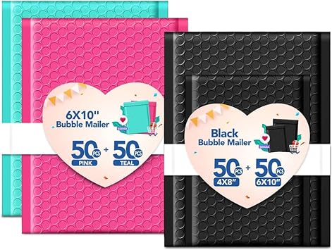 GSSUSA Bubble Mailers Pink+Teal 6x10" 100PC & Black 6x10"+4x8" 100PC, Usable Size 6x9" & 4x7" Bubble Envelopes for Small Business, Padded Envelope, Shipping Mailers, Packaging Bags
