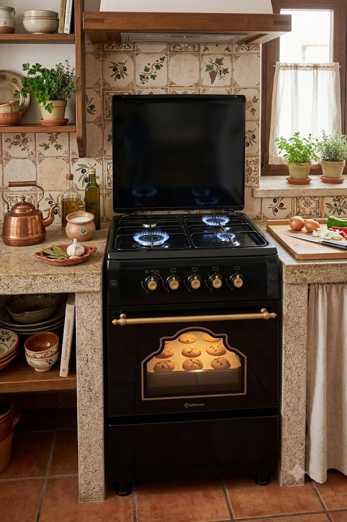 SOLTHERMIC 50 CM ANCHO F5S40G2 COCINA GAS NEGRA RUSTICA CON MANDOS DORADOS / 4 FUEGOS CON ENCENDIDO AUTOMATICO/ALTA GAMA