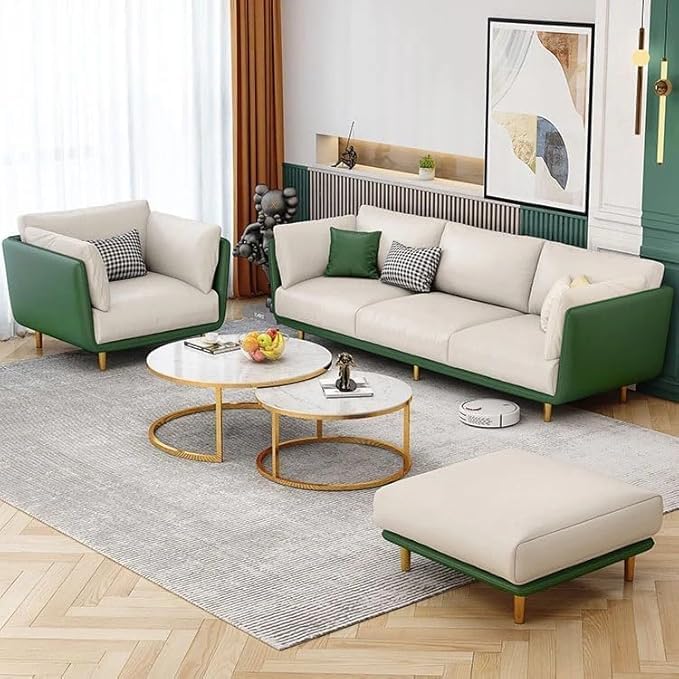 Image of Velvet Contemperory Sofa with Cushion Chaise Lounge Sectional Sofa Perfect for Living Room & Bedroom Guests Home & Office (Leather Green + Velevt Beige, 3+1+1)