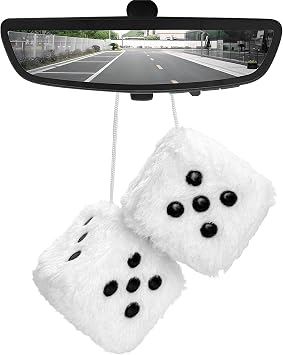 Fuzzy Plush Dice for Car Mirror, 3 Inch Pair of Retro Square Mirror Ornament Soft Dice with Dots, Vintage Couple Pendant Charms Vehicle Interior Hanging Decoration for Women White