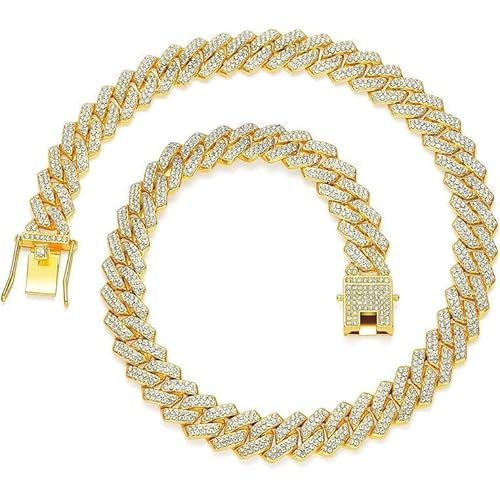 HDMENC Mens and Womens Miami Cuban Link Chain Necklace 12mm Diamond Prong Cuban Chain 18/20/24inch Length Hip Hop Jewely