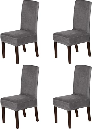 Juego de 4 fundas de terciopelo gris para sillas de comedor, fundas suaves y elásticas para sillas de comedor con respaldo alto, extraíbles y