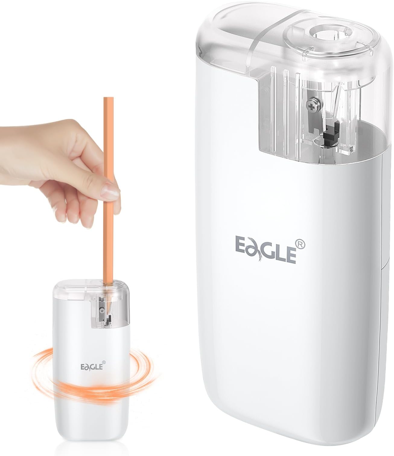 Eagle Pencil Sharpener, Portable Pocket-Sized with Creative Patented Design, Electric Sharpener for Multiple Types of Pencils, Battery-Operated, Manual/Electric Compatible(White)