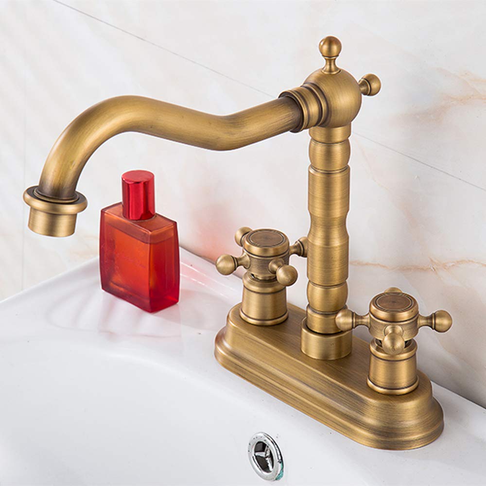 Gecious Antique Brass Centerset Faucet Two Handle with Pop-up Drain and Hoses, 360Â° Swivel Cross Knobs, Basin Mixer Tap Three Holes, Swivel 4â€? Centerset Bathroom Sink Faucet