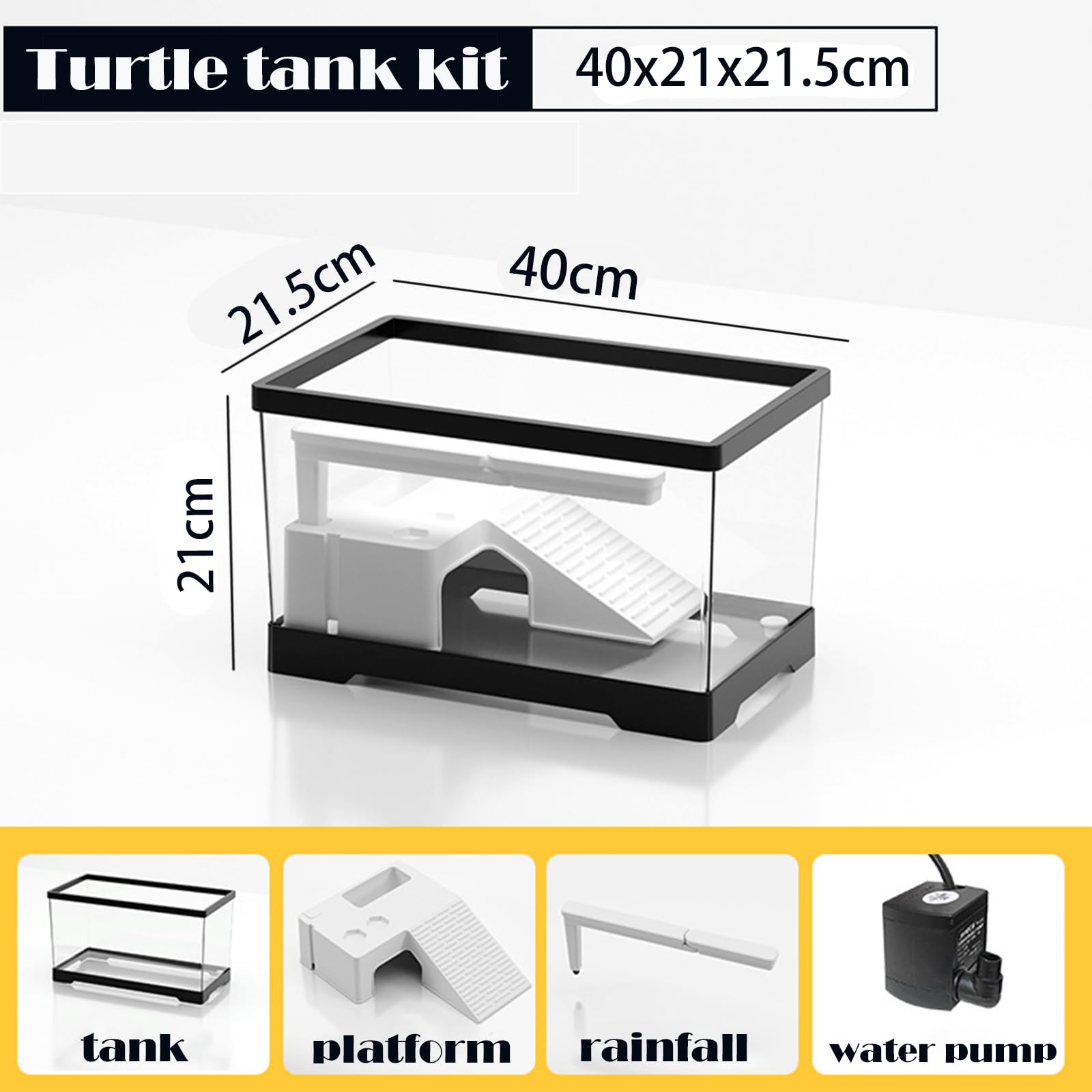 Acuario de tanque de tortuga con plataforma para tomar el sol, lluvia, juguete de criatura acuática, anillo de natación de 40 x 20,5 x 20 cm, kit de hábitat de tortugas pequeñas y tortugas juveniles
