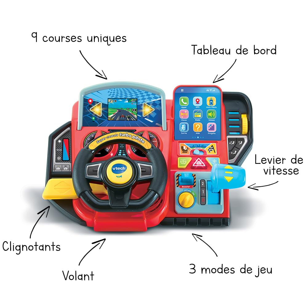 VTech Super Console Turbo Pilote Simulateur de Conduite Écran Couleur Tableau de Bord Courses Voitures Apprentissages Jeux Cadeau Enfant 3-8 Ans Français